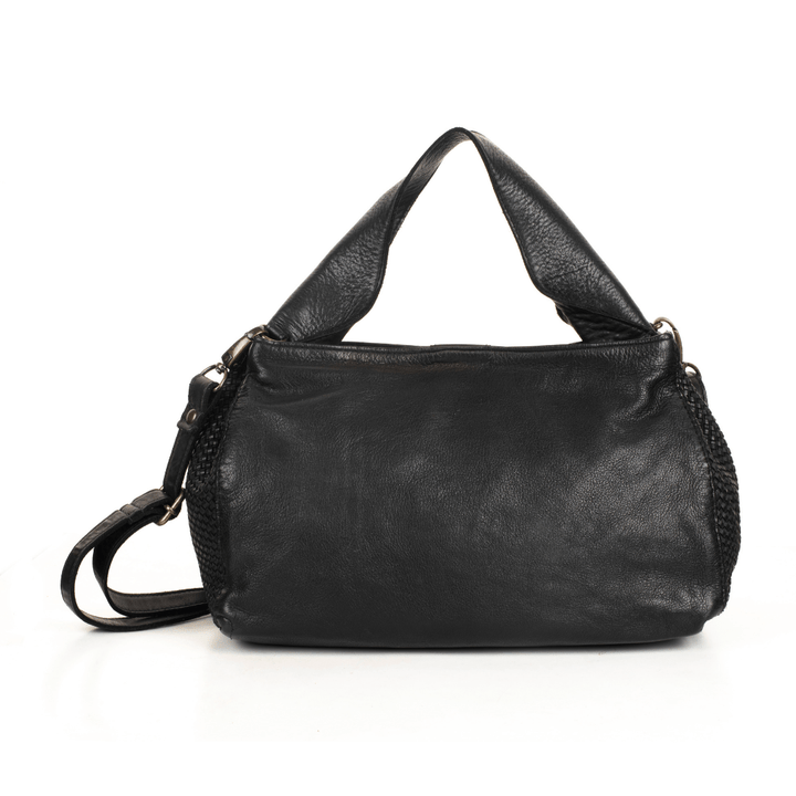 Black leather handbag on white background.