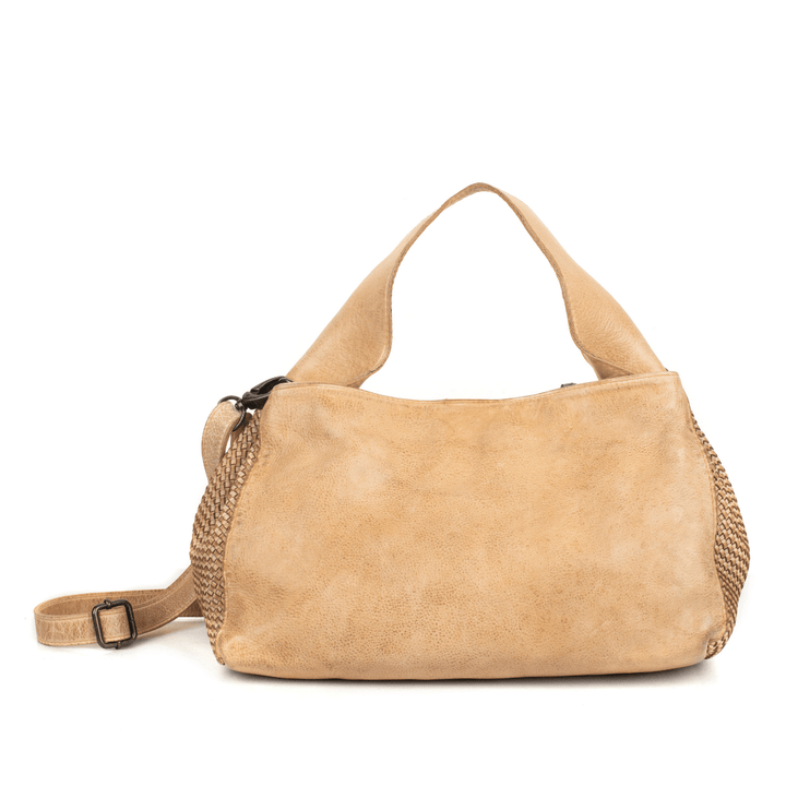 Camel color leather bag on white backgrround.