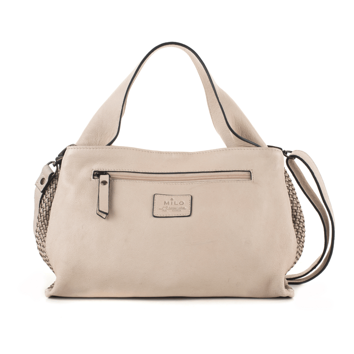 Ivory handbag with front zip pocket on white background.