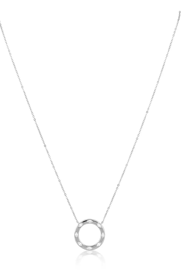 Silver necklace with a circular pendant on a white background