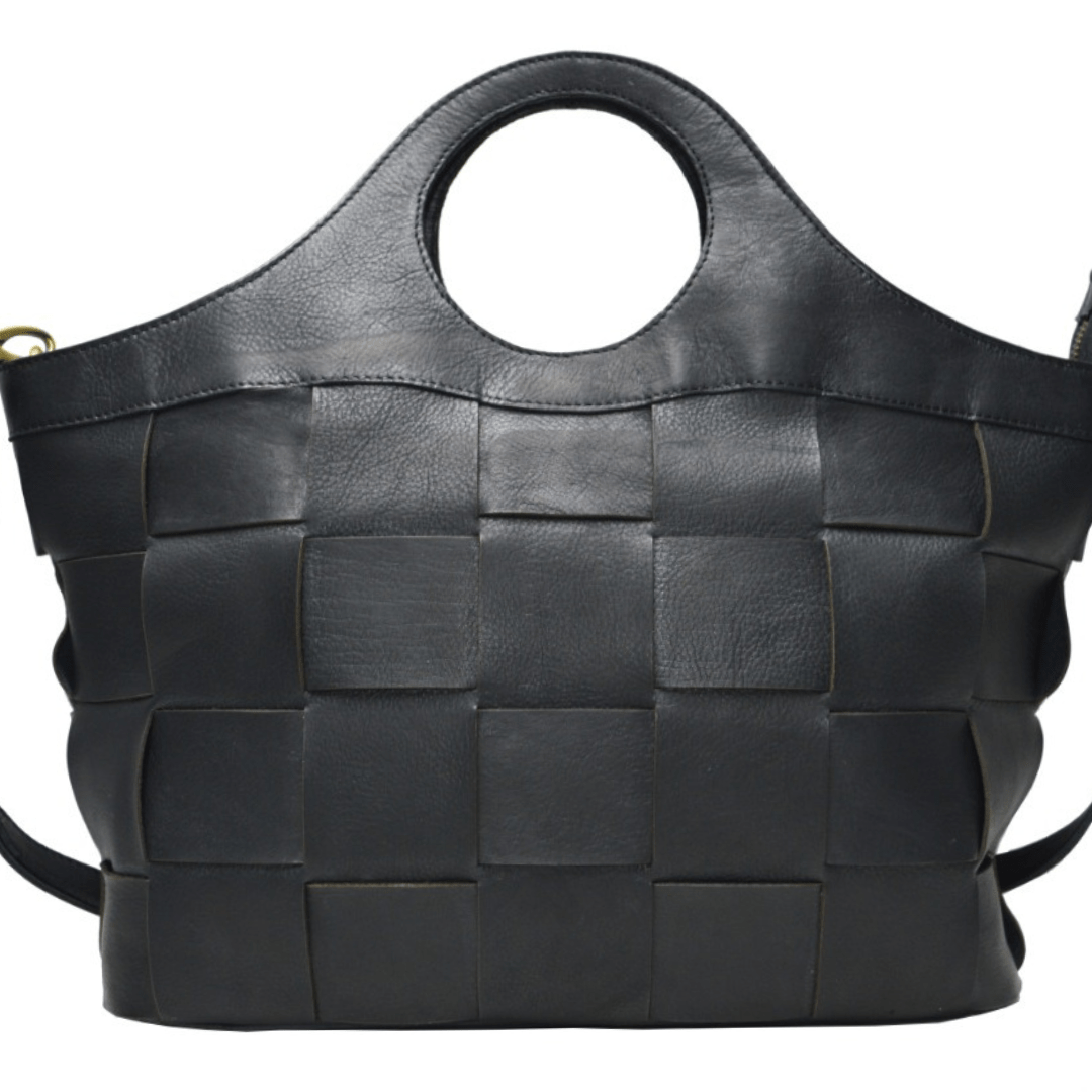 Woven handbag with crossbody strap.