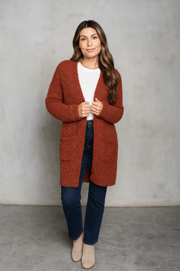 Model wearing a long popcorn fabric cardigan in a rust color.