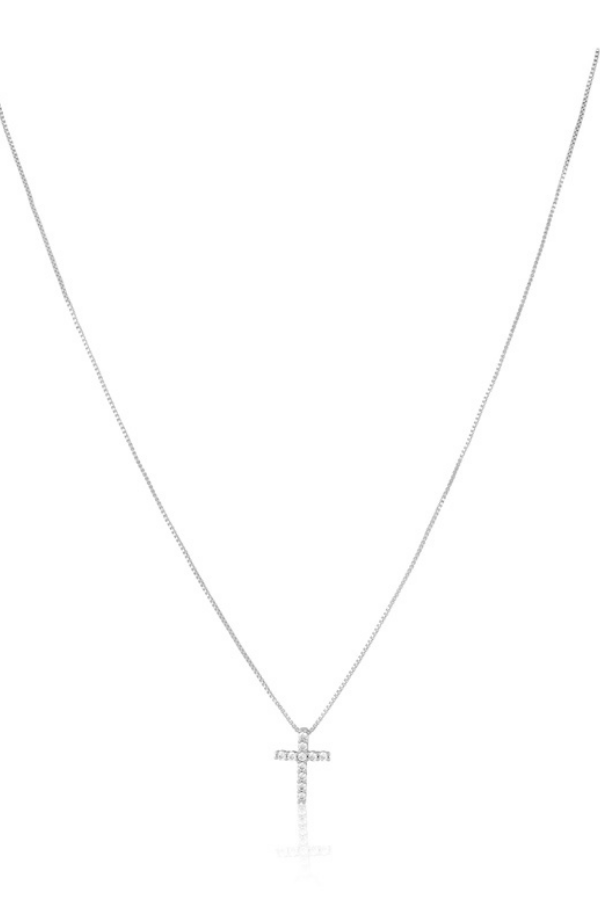 Silver cross necklace on a white background