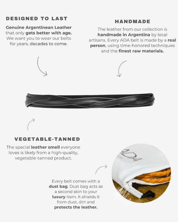 Advertisement for a leather belt with text about its features on a white background.