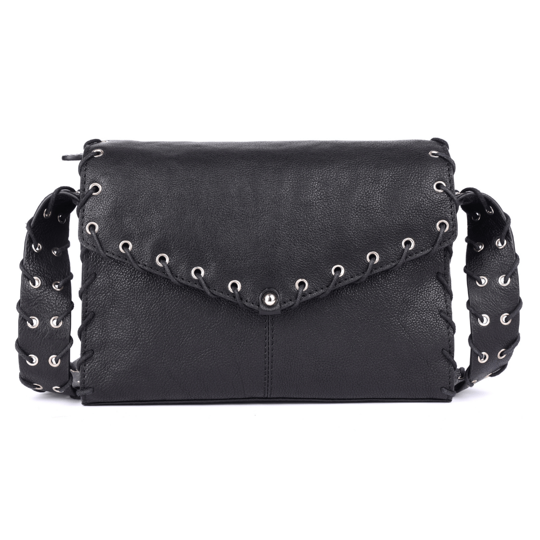 Boho trendy black crossbody bag on white background.
