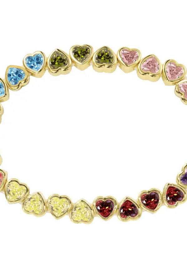 Close up detail of the rainbow heart bracelet.