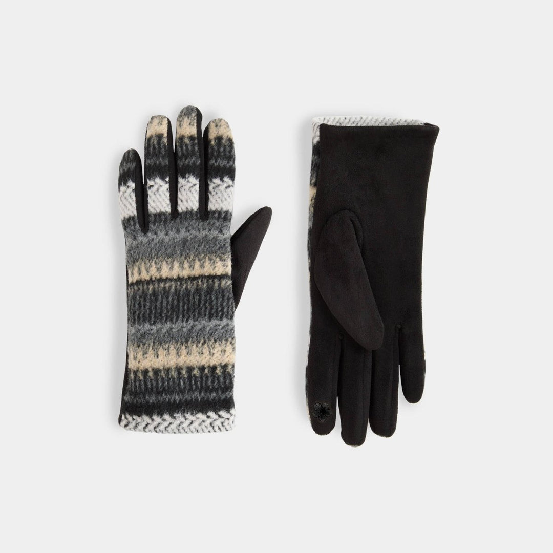 Pair of black gloves with patterned tips on a light gray background