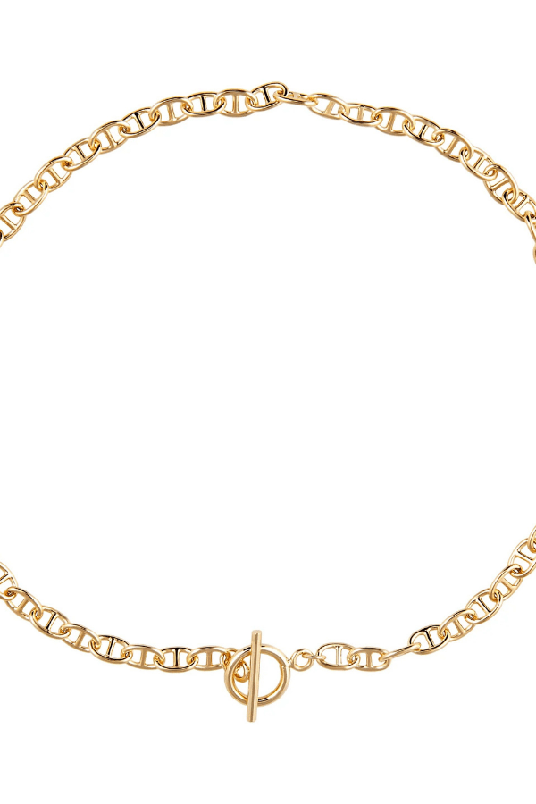 Gold link chain against a white background.