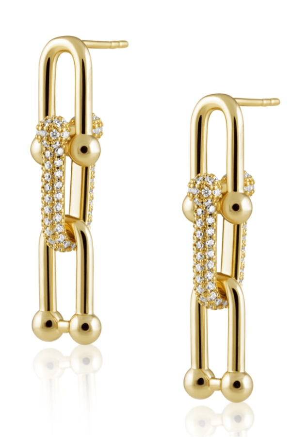 Gold u link pave drop earring set against a white background.