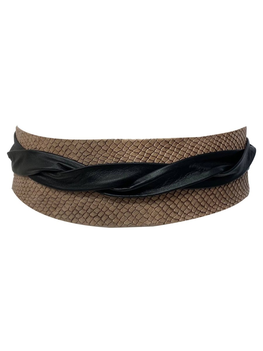 Brown woven belt with black ribbon on a white background