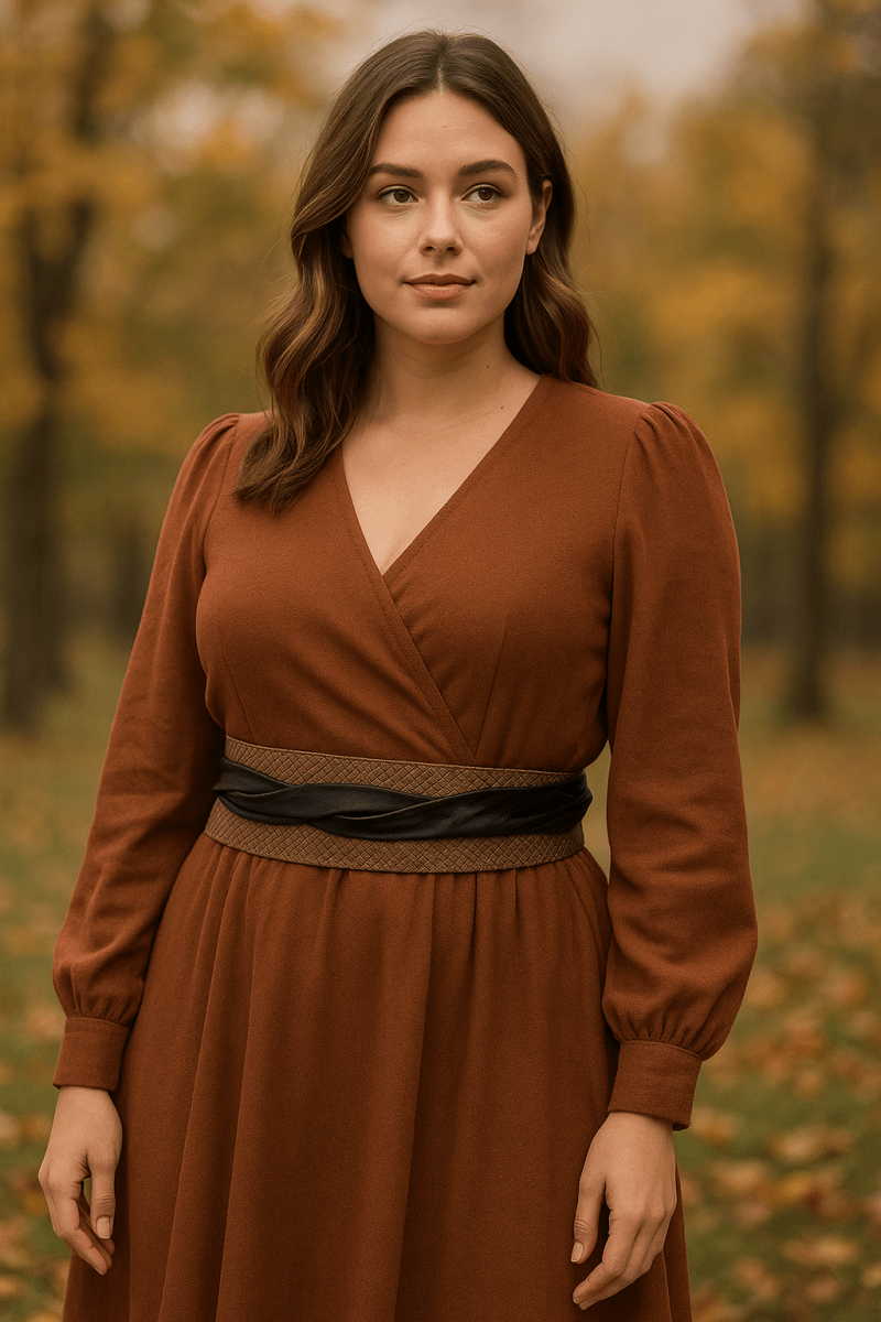 Woman wearing a brown dress with a belt in an autumn forest setting