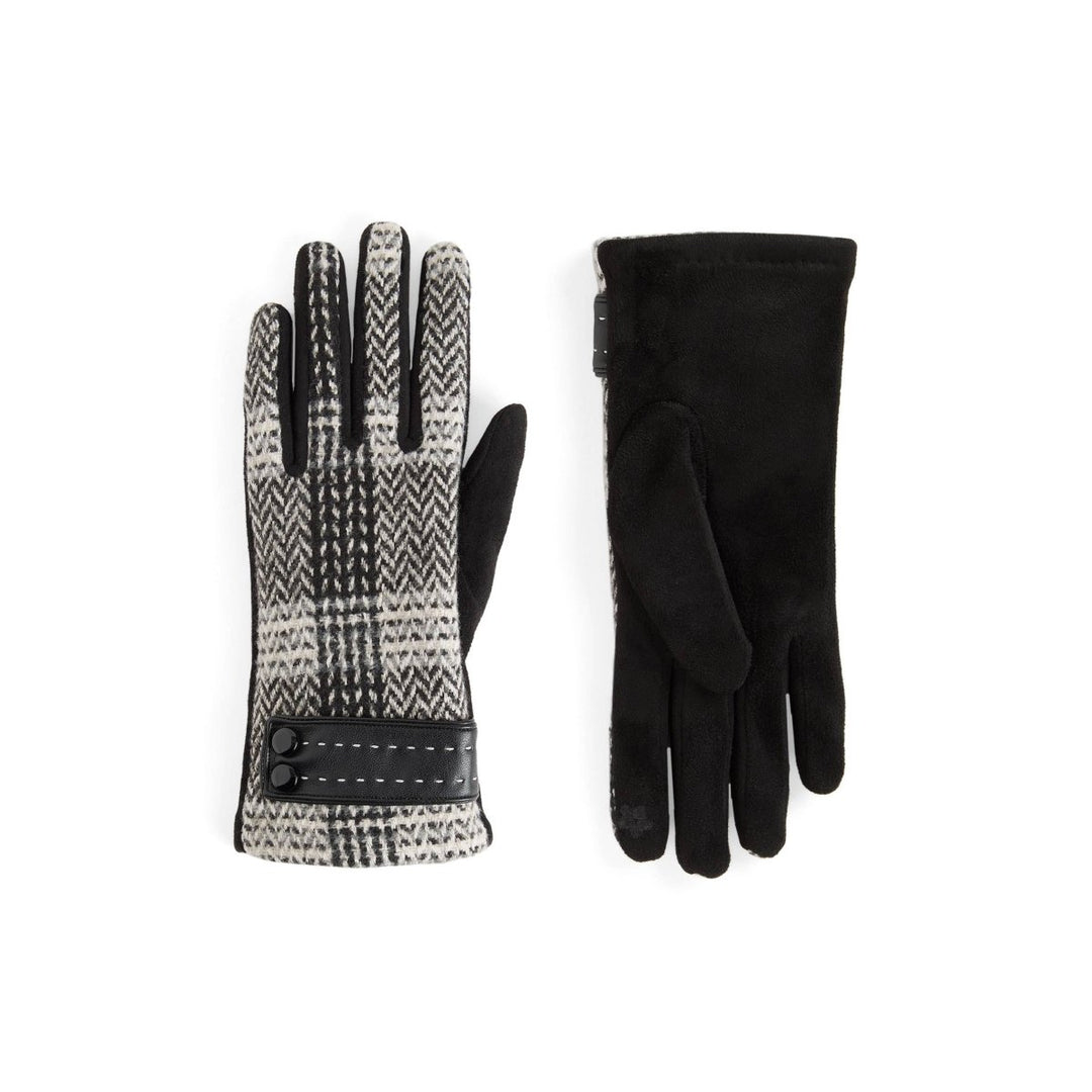 Two pairs of gloves, one with a textured pattern and the other black, on a white background.