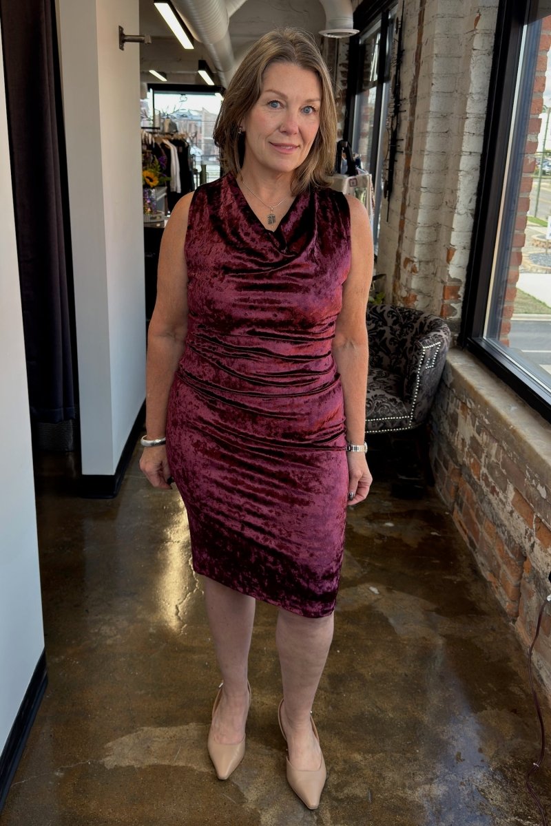 Alora Crushed Velvet Cowl Dress in Wine — full-length front view on model with draped cowl neck