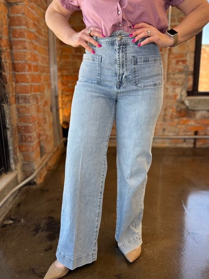 Dear John Denim Audrey Wide Leg Jeans in Zurie wash, high-rise fit with patch front pockets and wide cropped leg, front view on model
