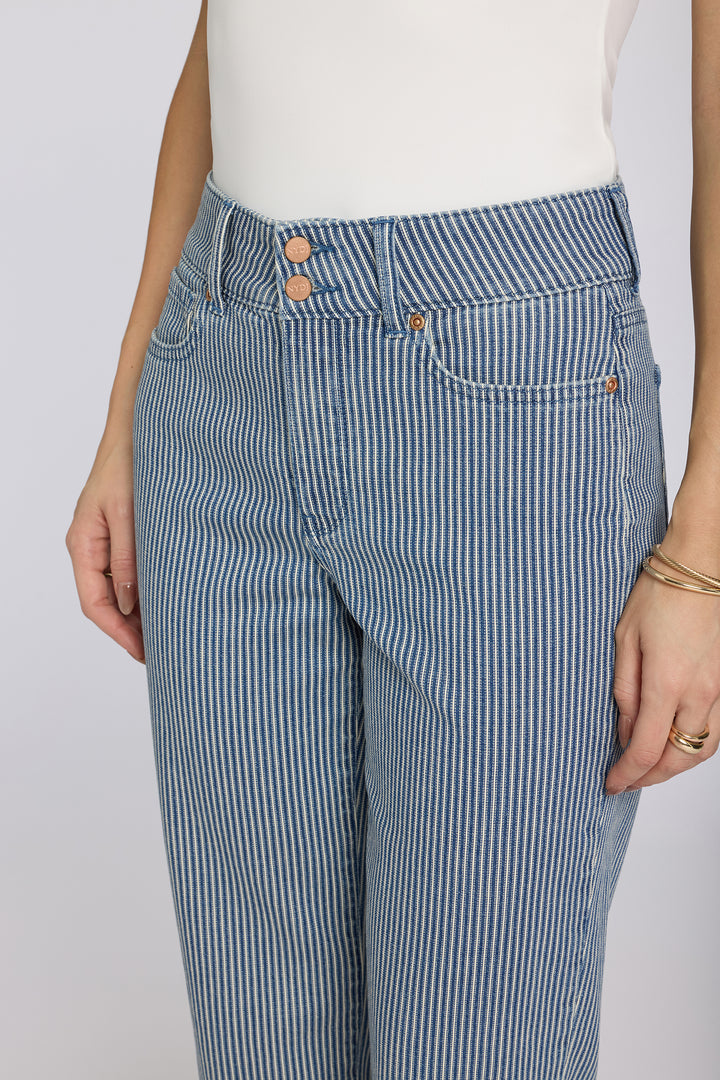 Bailey Relaxed Straight Crop Jean in Malaga Stripe — close-up of double buttons and front pockets