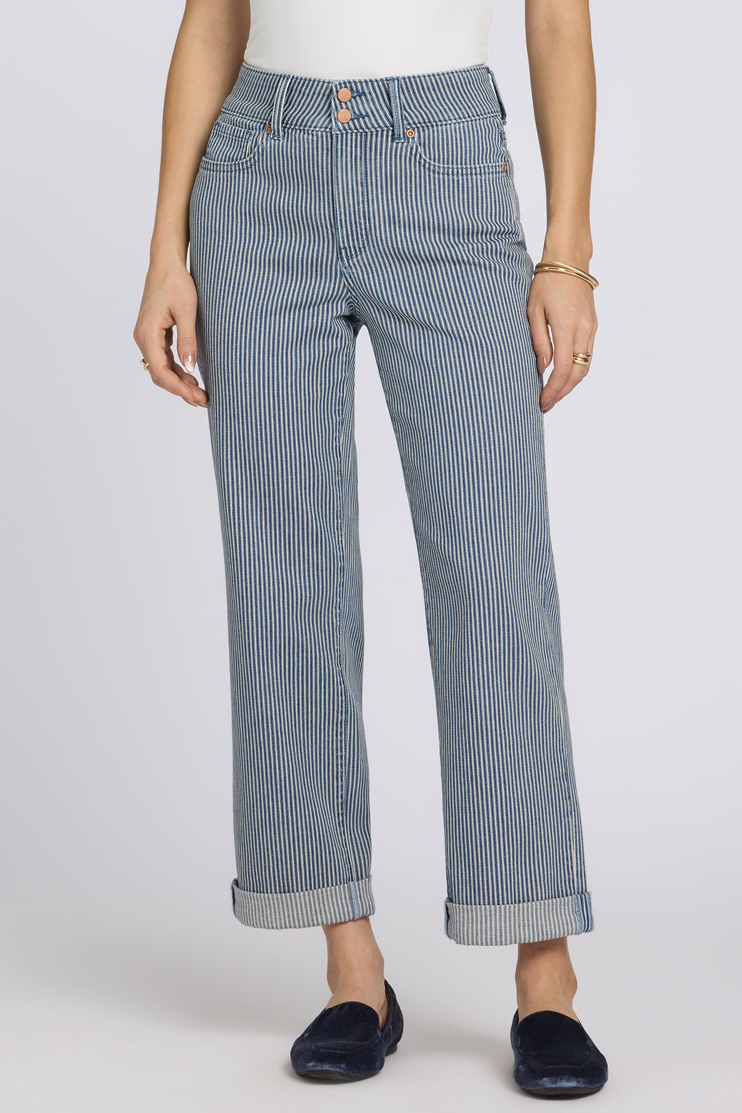 Bailey Relaxed Straight Crop Jean in Malaga Stripe — front view showing high rise and rolled cuffs