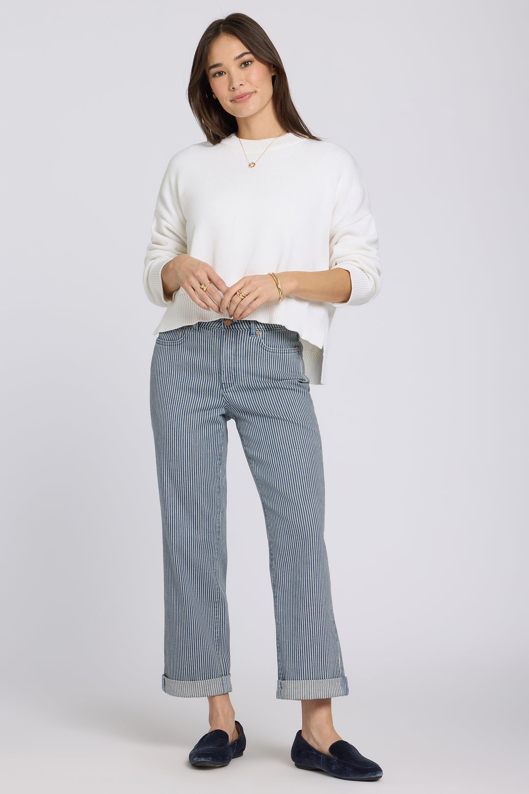Bailey Relaxed Straight Crop Jean in Malaga Stripe — outfit view with white sweater and dark loafers