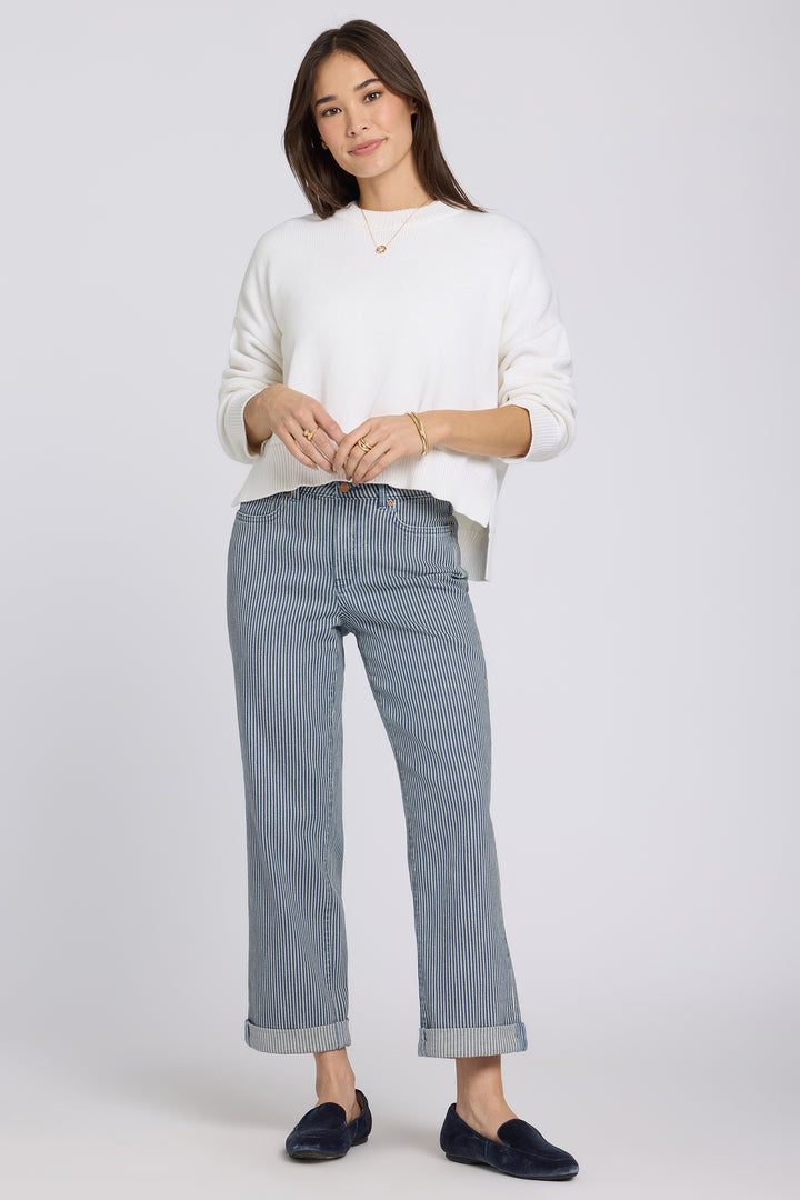 Bailey Relaxed Straight Crop Jean in Malaga Stripe — outfit view with white sweater and dark loafers