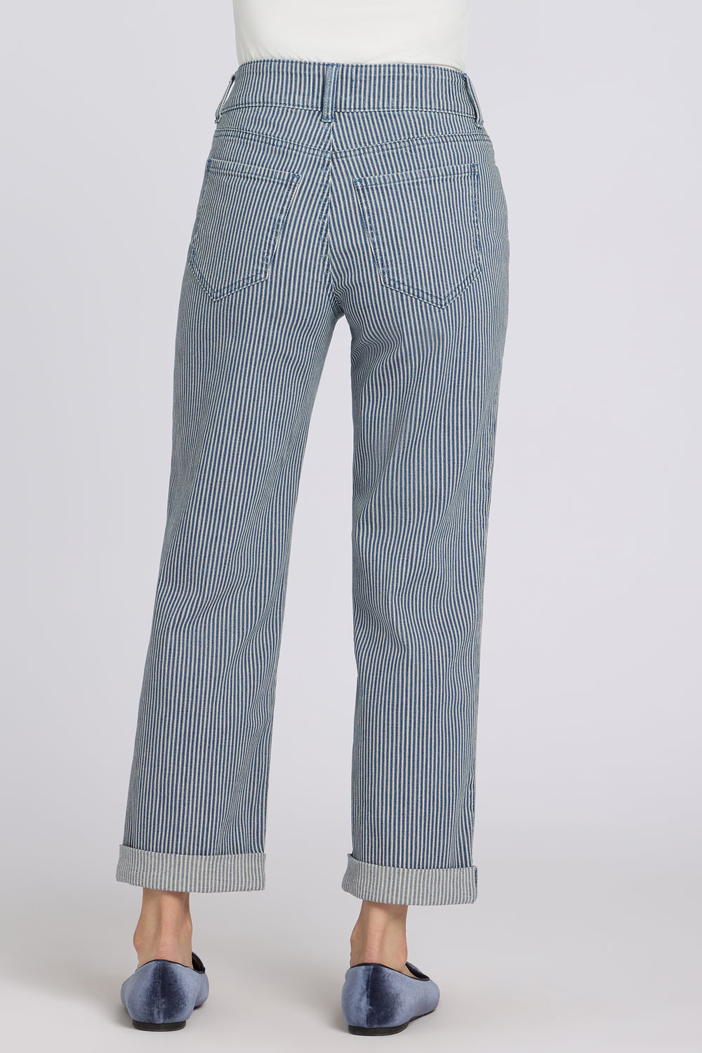 Bailey Relaxed Straight Crop Jean in Malaga Stripe — rear view showing back pockets and cropped hems