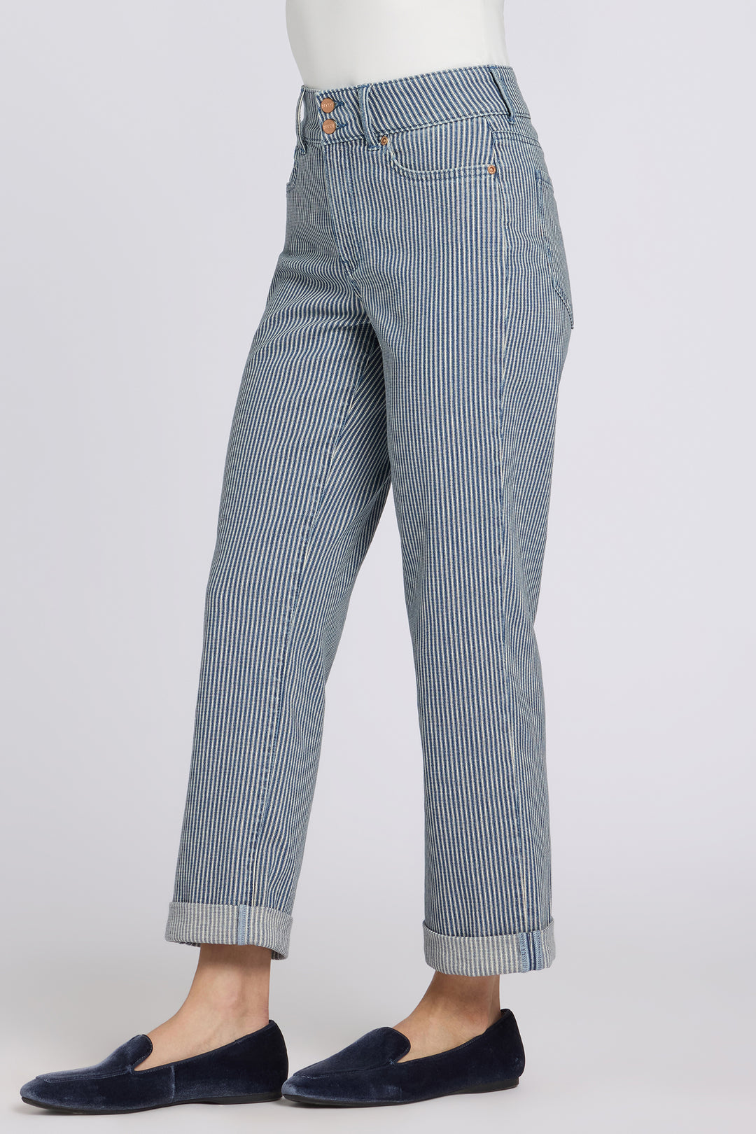 Bailey Relaxed Straight Crop Jean in Malaga Stripe — side view showing relaxed leg and cuff detail