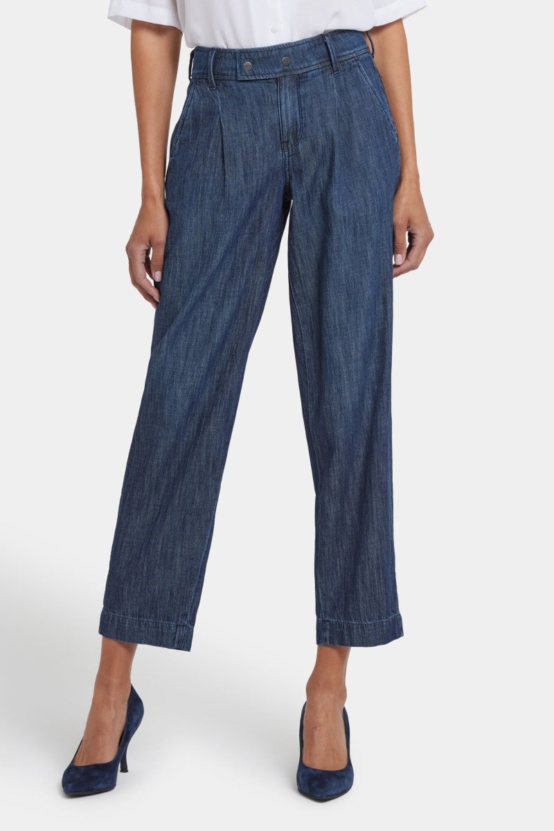 Balloon Trouser Jeans With Pleats in La Mer — front view showing pleated waist and tapered legs