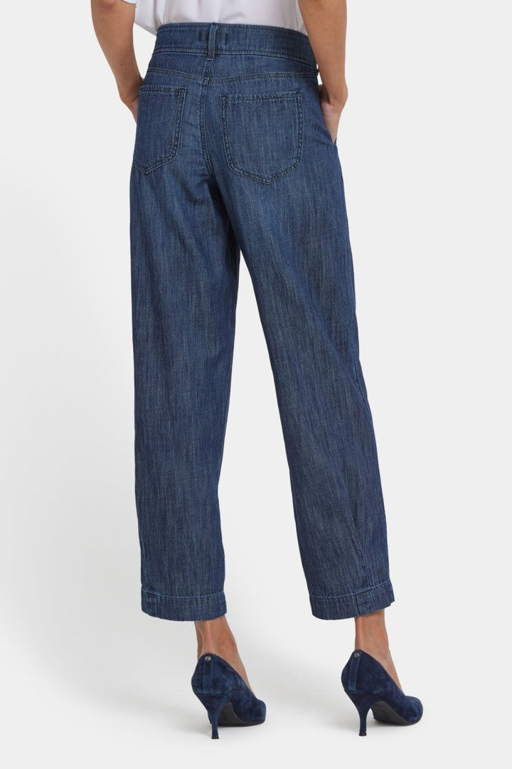 Balloon Trouser Jeans With Pleats in La Mer — rear view showing back patch pockets