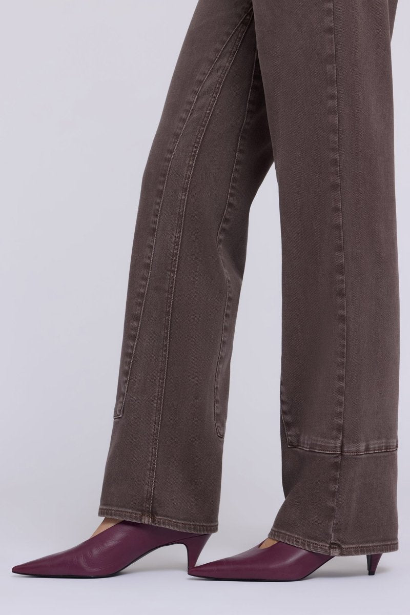 Brooke Loose Straight Jeans in Retro Espresso — close-up of panel seams and stitched hems