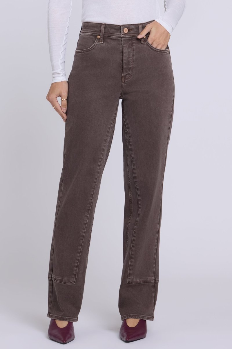 Brooke Loose Straight Jeans in Retro Espresso — front view showing pockets and paneled legs