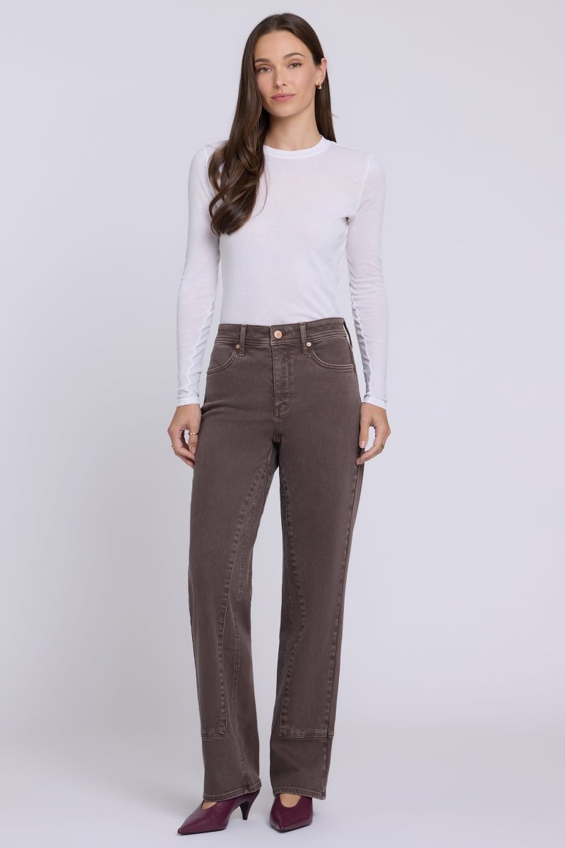 Brooke Loose Straight Jeans in Retro Espresso — full outfit with white top and pointed-toe boots