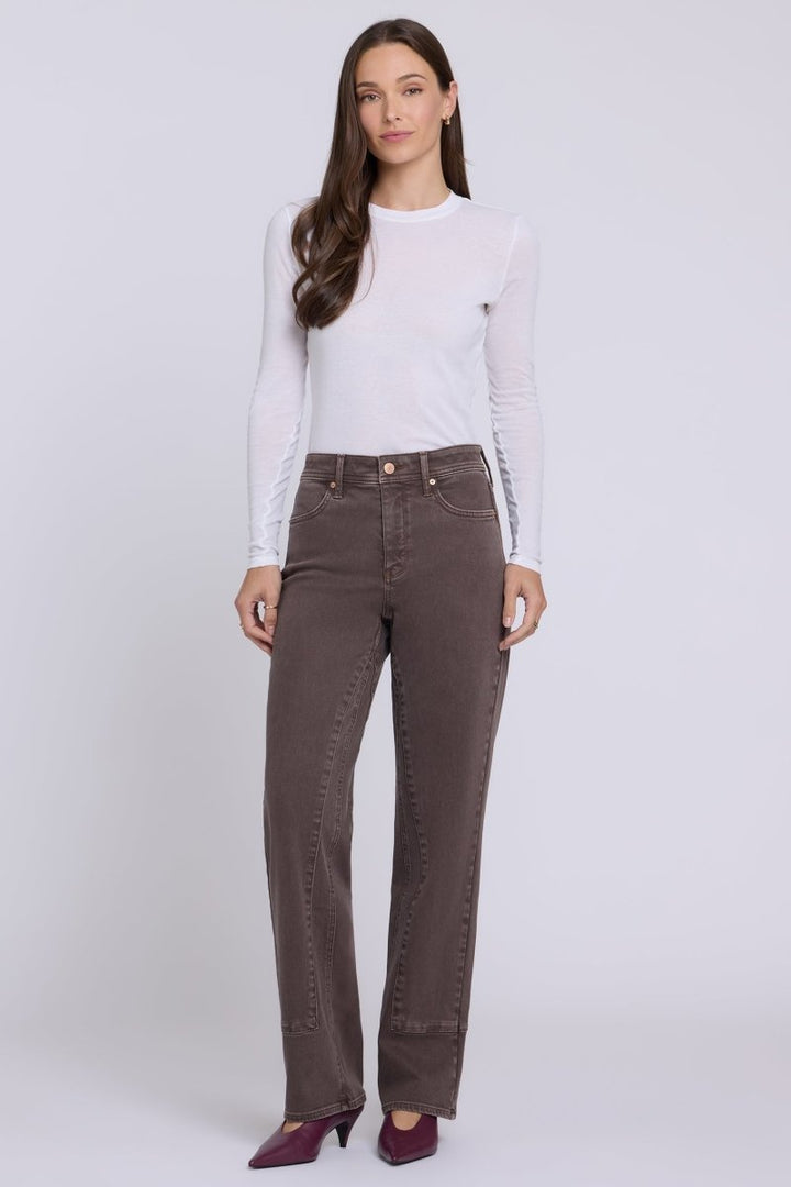 Brooke Loose Straight Jeans in Retro Espresso — full outfit with white top and pointed-toe boots