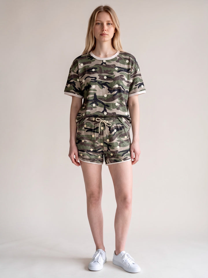 Carole Christian Camo Polka Dot Tee &amp; Shorts Set in Camo — full front outfit view with white sneakers, crew neck tee and matching shorts with blush trim, model wearing Small, Modish Maven Boutique