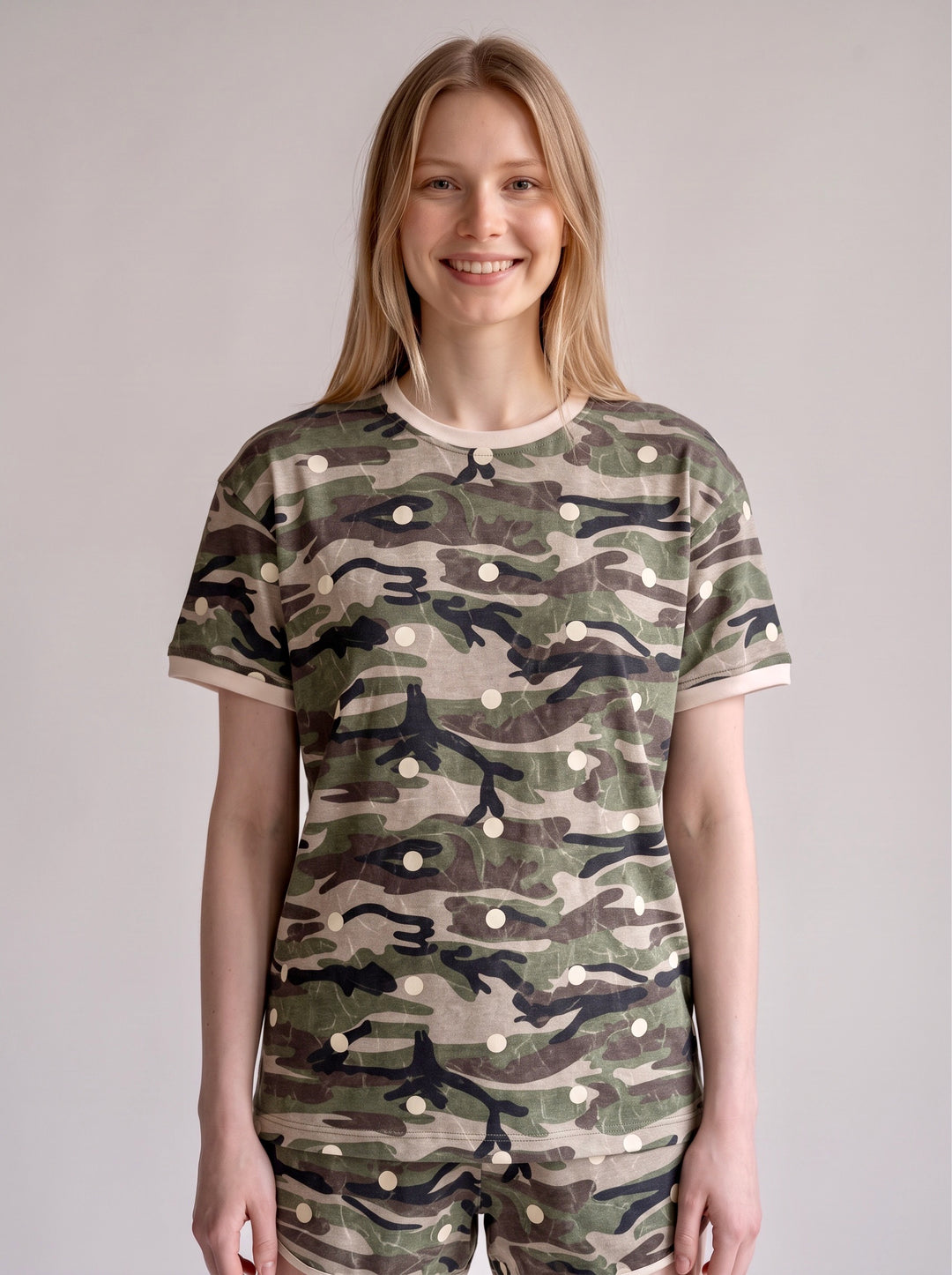Carole Christian Camo Polka Dot Tee &amp; Shorts Set in Camo — close-up of crew neck tee with polka dot camo print and blush contrast neckline and sleeve trim, model wearing Small, Modish Maven Boutique