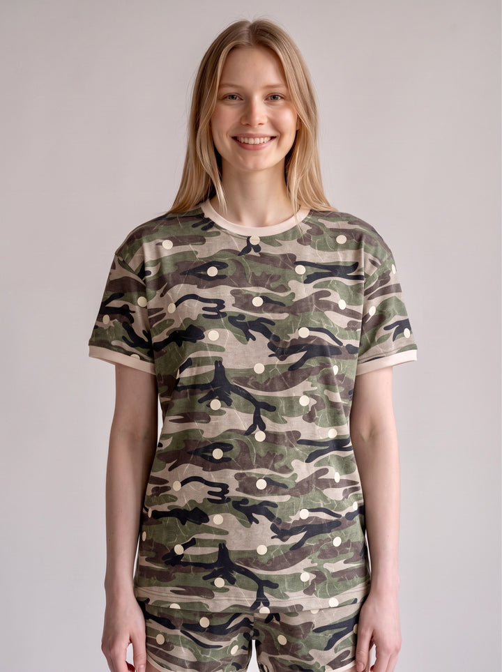 Carole Christian Camo Polka Dot Tee &amp; Shorts Set in Camo — close-up of crew neck tee with polka dot camo print and blush contrast neckline and sleeve trim, model wearing Small, Modish Maven Boutique