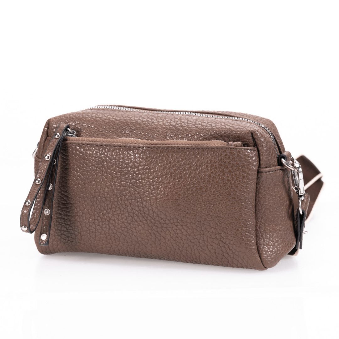 Coffee pebbled leather bag on white background.