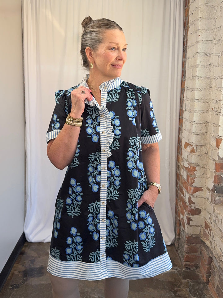 Carole Christian Floral Block Print Ruffle Placket Shirt Dress in Black/Blue, puff sleeves and stripe ruffle collar, three-quarter view on model