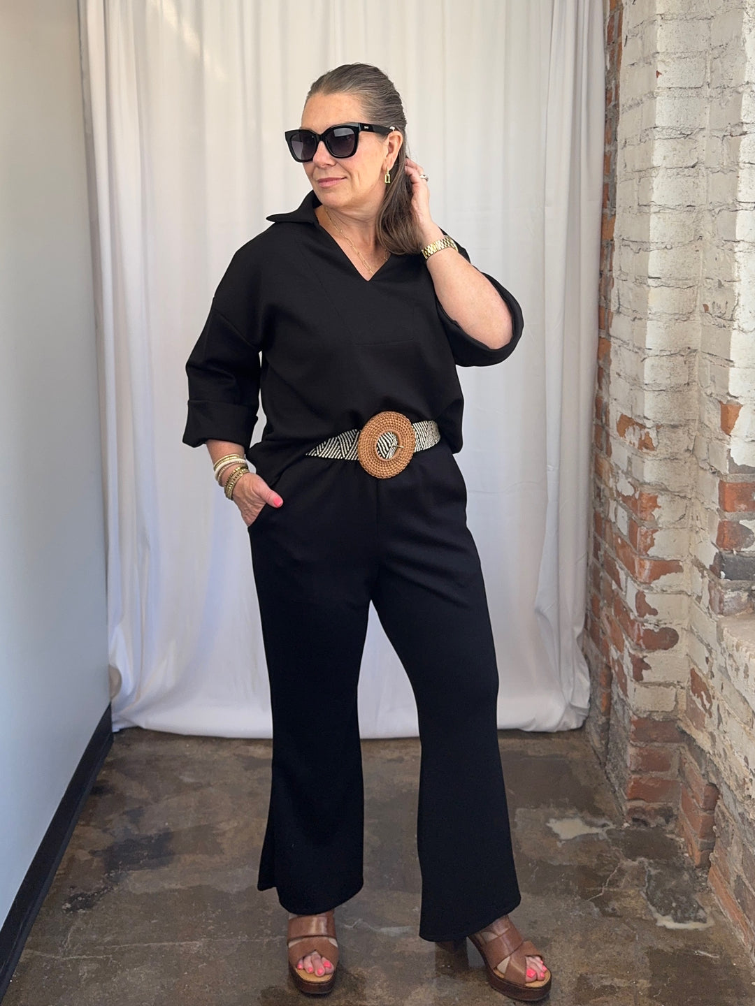 Scuba Modal Split-Collar Wide-Leg Set in Black, full outfit front view showing wide-leg pant flare on model