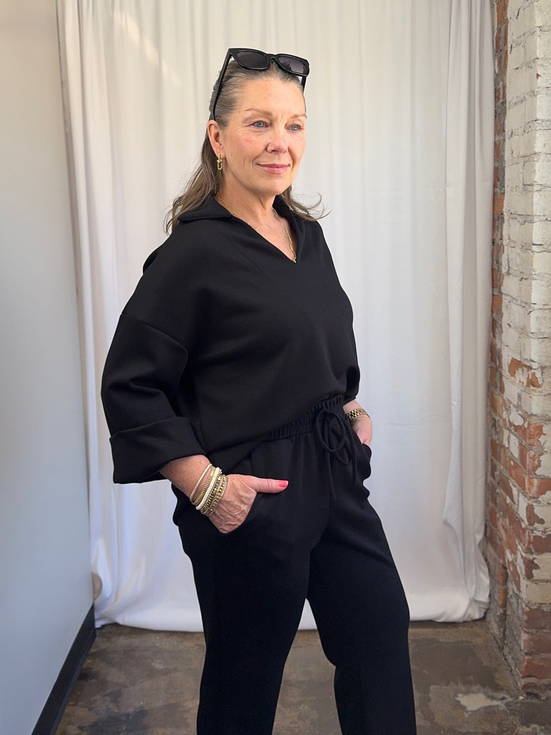 Scuba Modal Split-Collar Wide-Leg Set in Black, relaxed two-piece set with wide-leg pant, front view on model