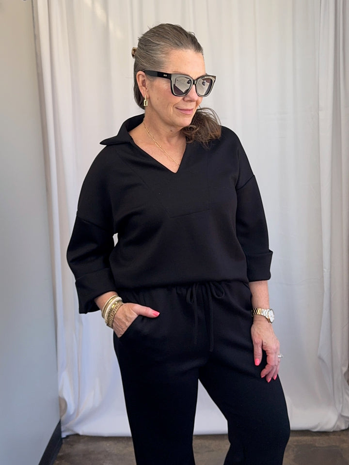 Scuba Modal Split-Collar Wide-Leg Set in Black, relaxed wide-leg pant and pullover top, front view on model
