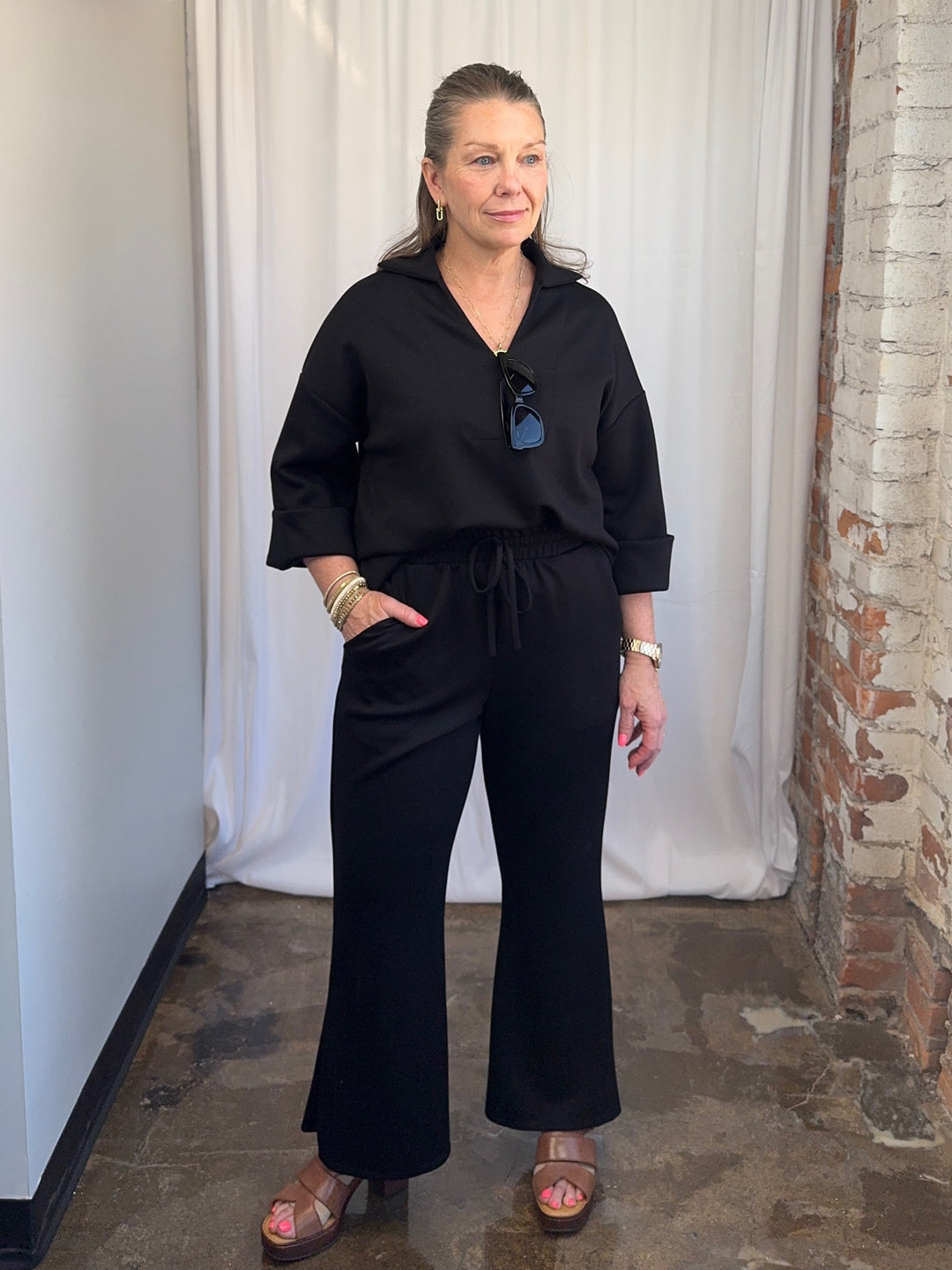 Scuba Modal Split-Collar Wide-Leg Set in Black, split-collar top with elastic waist wide-leg pant, front view on model