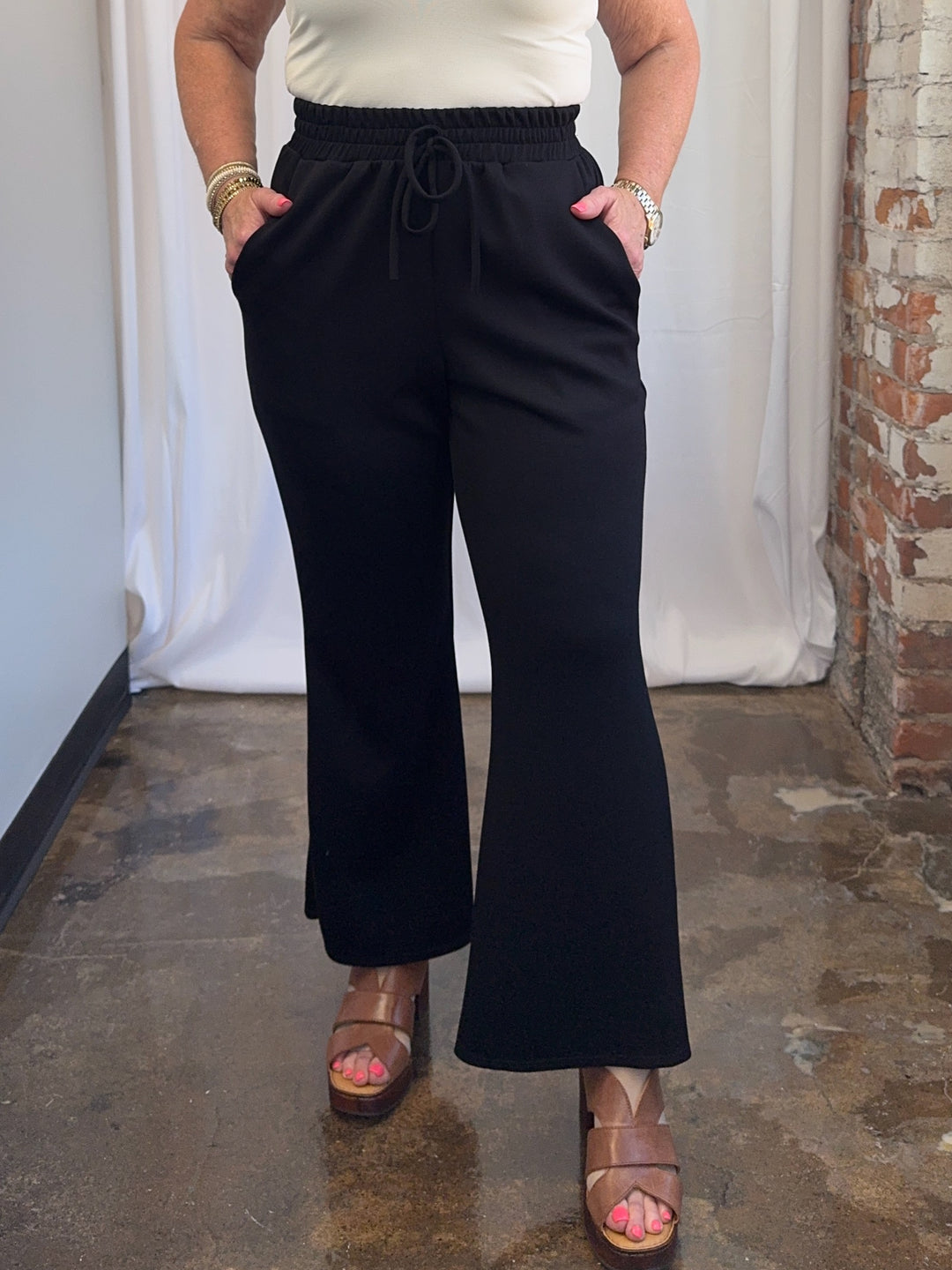 Scuba Modal Split-Collar Wide-Leg Set in Black, high-low hem top and wide-leg pant, side view on model