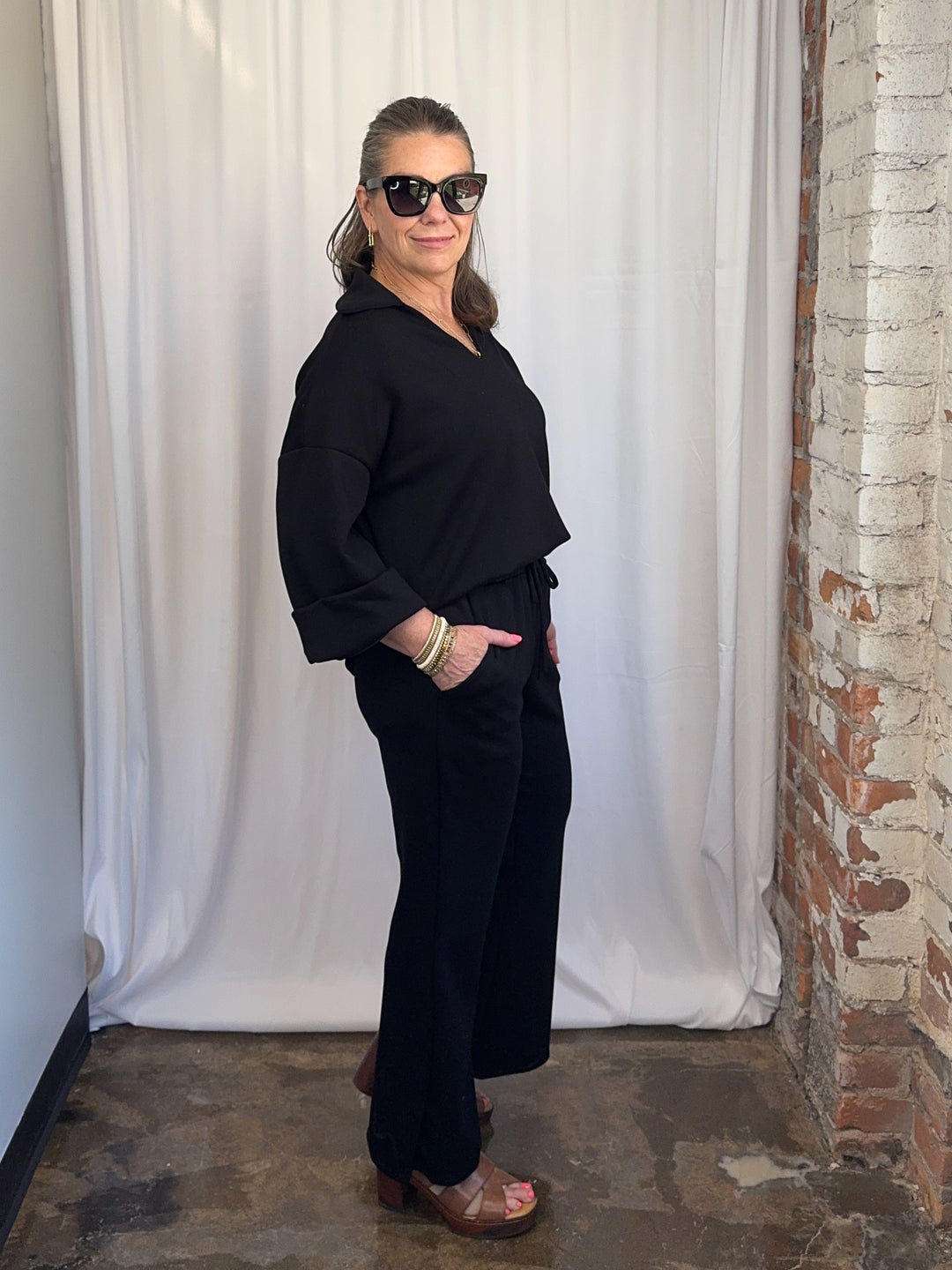 Scuba Modal Split-Collar Wide-Leg Set in Black, wide-leg pant silhouette and split-collar top, front view on model