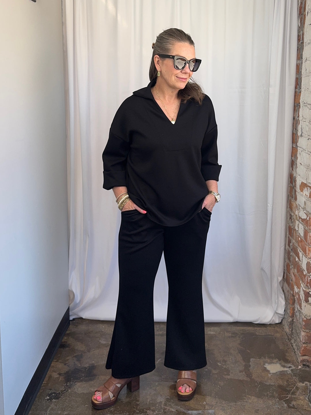 Scuba Modal Split-Collar Wide-Leg Set in Black, open-stance full length view showing wide-leg pant and split-collar top, front view on model