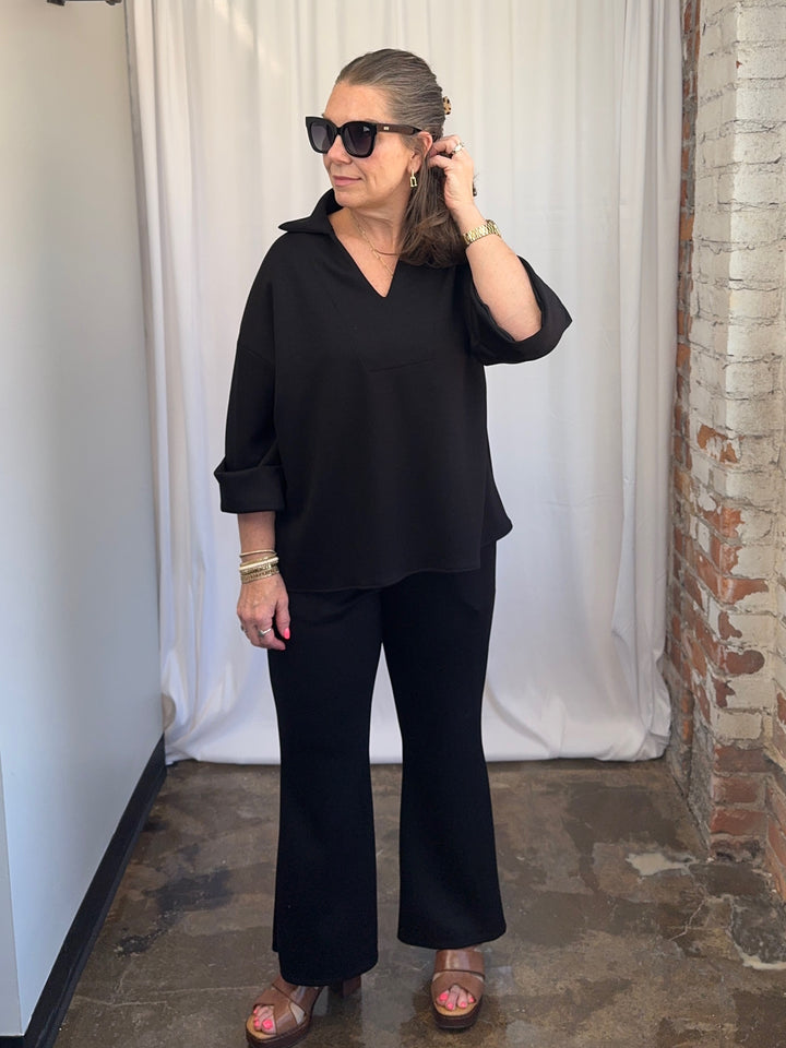 Scuba Modal Split-Collar Wide-Leg Set in Black, complete two-piece set styled with platform sandals, front view on model
