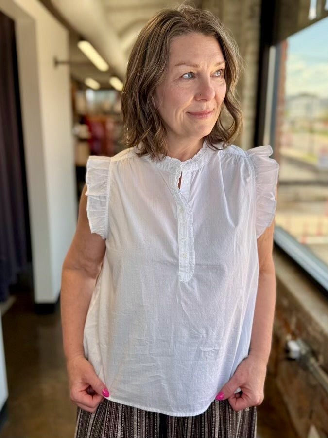 Dear John Denim Chatra Ruffle Sleeve Top in White, relaxed fit with ruffle sleeves and henley placket, front view on model
