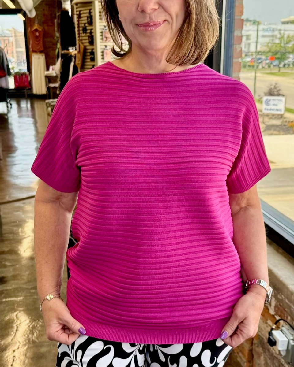 Carrigan ribbed short sleeve top in magenta — women's viscose rib knit drop-shoulder top with banded hem | Modish Maven Boutique