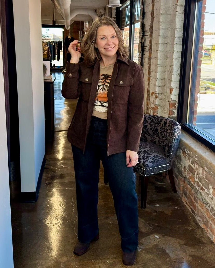 Corduroy Button Front Shacket in Timber Brown styled with a tiger graphic tee and dark wash wide-leg jeans, full outfit view on model
