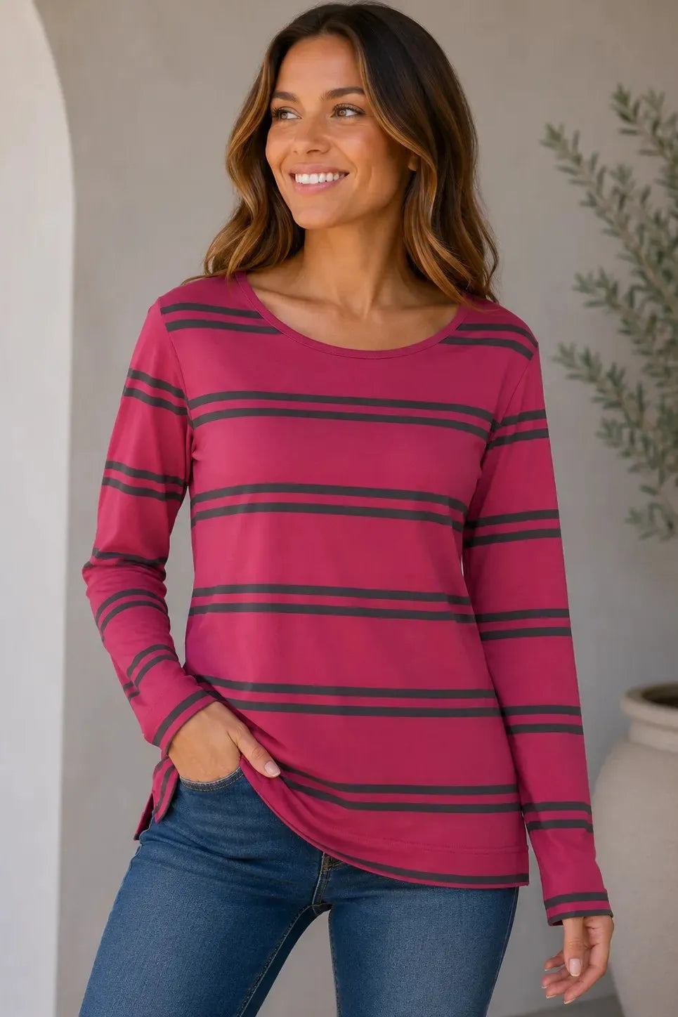 Crew Neck Striped Jersey Knit Tee in Lipstick/Charcoal — front view with crew neckline and long sleeves