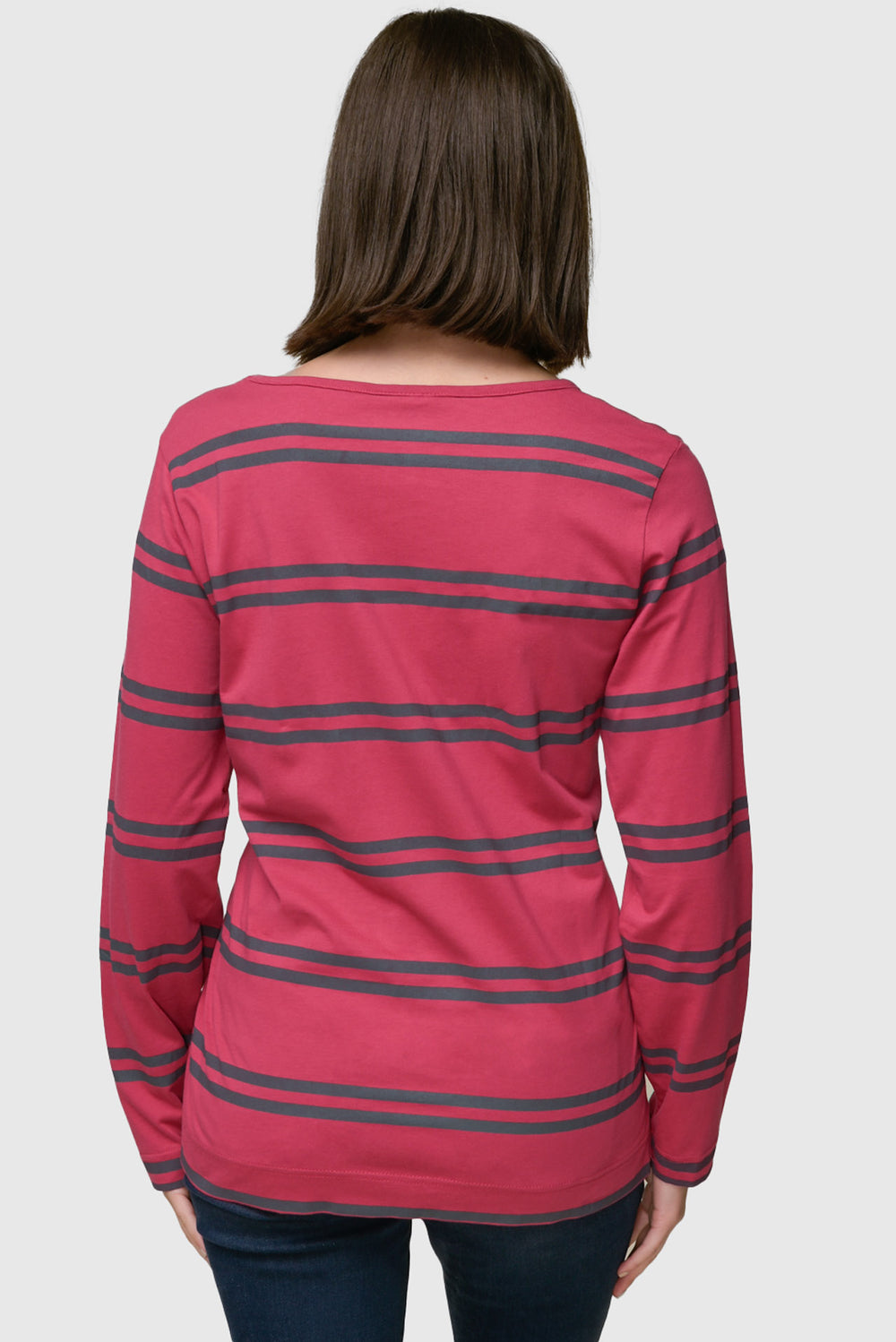 Crew Neck Striped Jersey Knit Tee in Lipstick/Charcoal — back view showing paired horizontal stripes