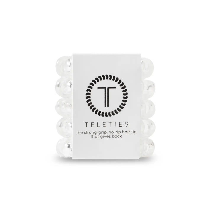 A package of TELETIES tiny clear hair ties designed for kids and fine hair.