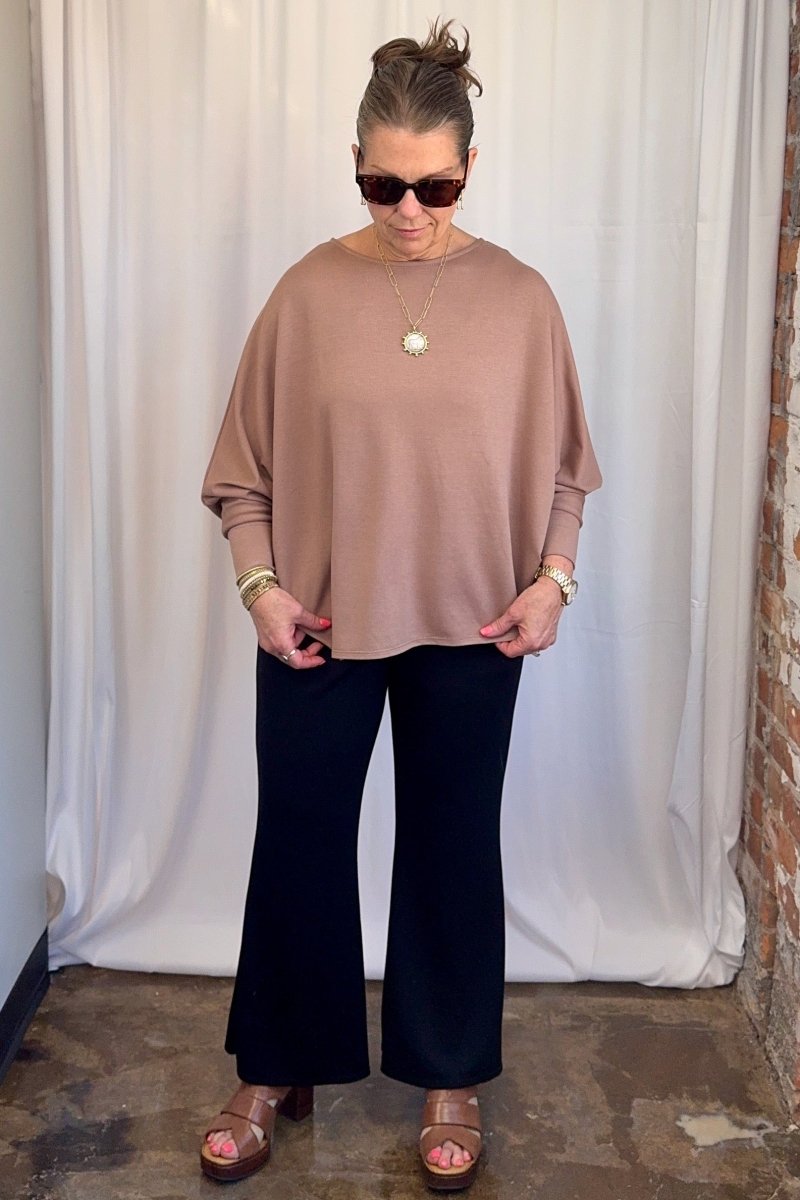 Cuffed Dolman Split Hem Relaxed Top in Taupe by Carole Christian — front full body view, oversized dolman sleeve silhouette with side split hem